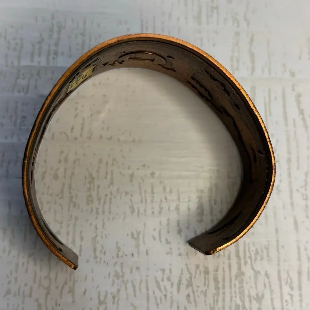 Copper Cuff Bracelet with Etched Buffalo Dancer and Rainbow Yei Design